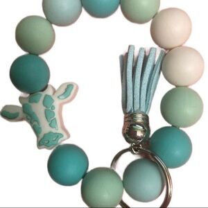 Teal and White Beaded Keychain Bracelet